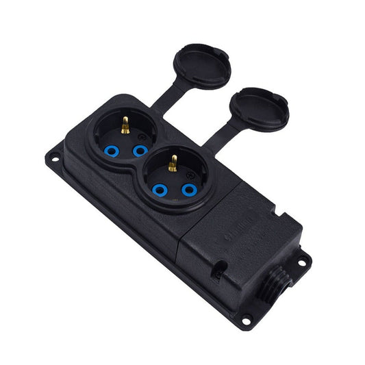 Dvojitá zásuvka gumová černá hermetická na povrch 250V, 16A, IP44, SCHUKO 2P+Z, 2KMP-F, Bylion