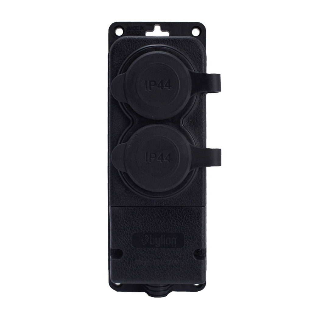 Dvojitá zásuvka gumová černá hermetická na povrch 250V, 16A, IP44, SCHUKO 2P+Z, 2KMP-F, Bylion