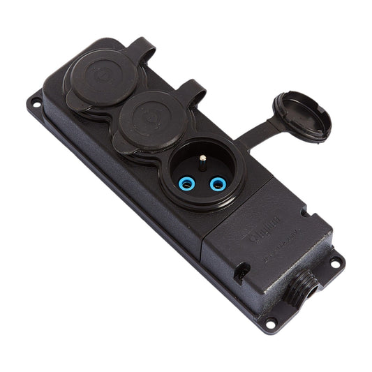 3x zásuvka, francouzský typ E, trojitá "gumová" černá zásuvka s víkem hermetický IP44 250V, 16A, 2P+Z, 3KMP-E, Bylion