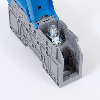 ONKA 50mm2 M8 Šroubová kolejnicová spojka svorkovnice terminál na DIN lištu s ochranným krytem, modrá, 1030034