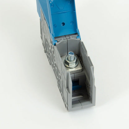 ONKA 95mm2 M8 Šroubová kolejnicová spojka svorkovnice terminál na DIN lištu s ochranným krytem, modrá, 1030062