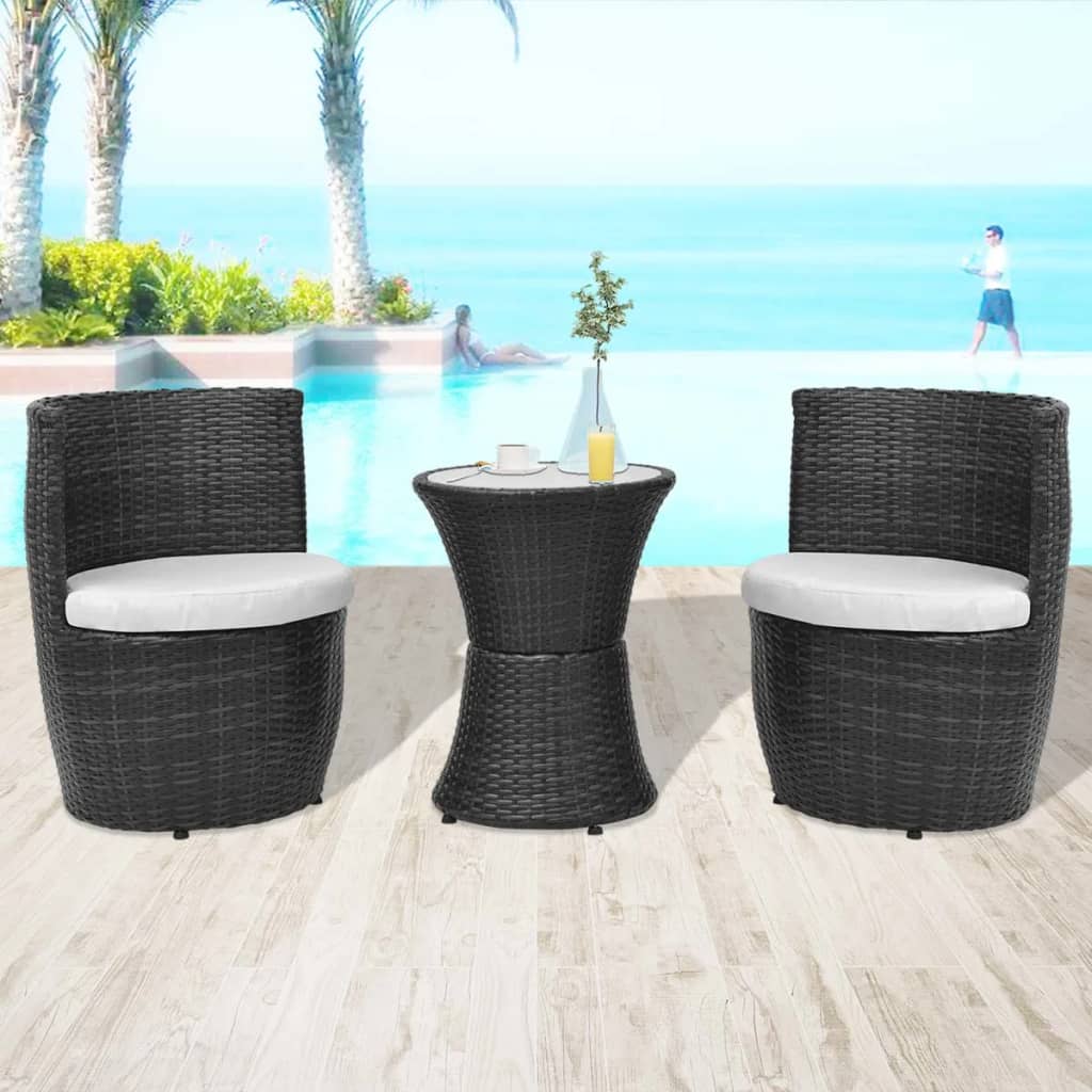 3Dílný Bistro Set S Poduškami Polyratan Černý