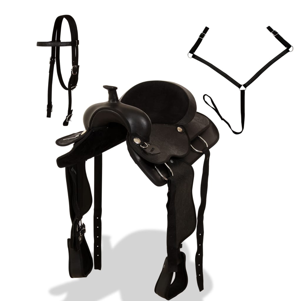 Westernové Sedlo Pro Koně, Set, Pravá Kůže 15&quot; Černé