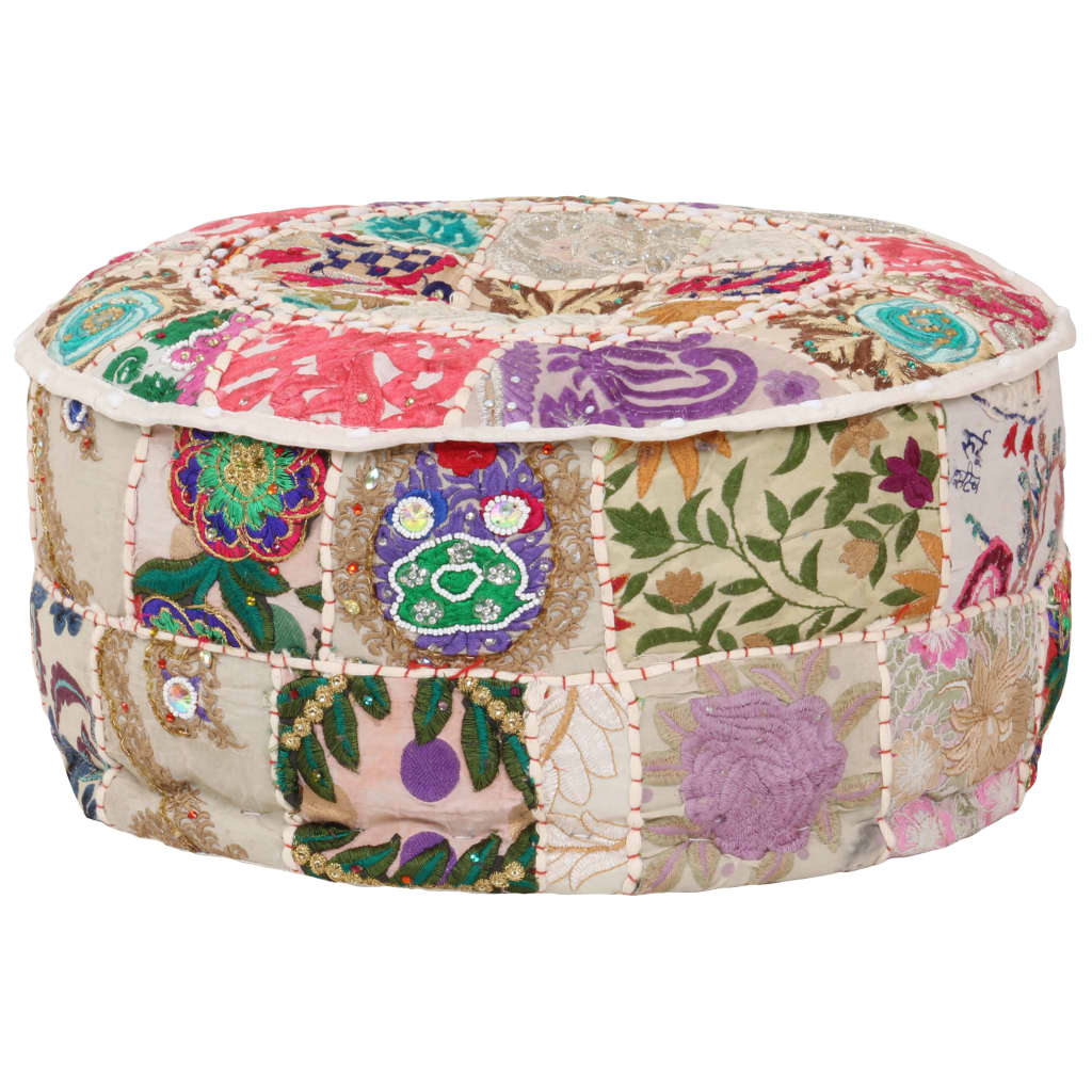 Sedací Puf Patchwork Kulatý Bavlna Ruční Výroba 40X20 Cm Béžový