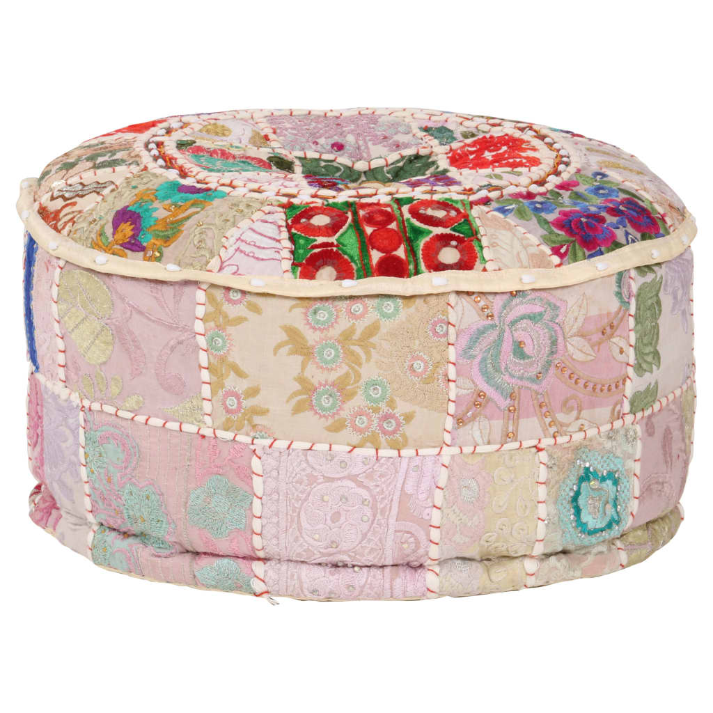 Sedací Puf Patchwork Kulatý Bavlna Ruční Výroba 40X20 Cm Béžový