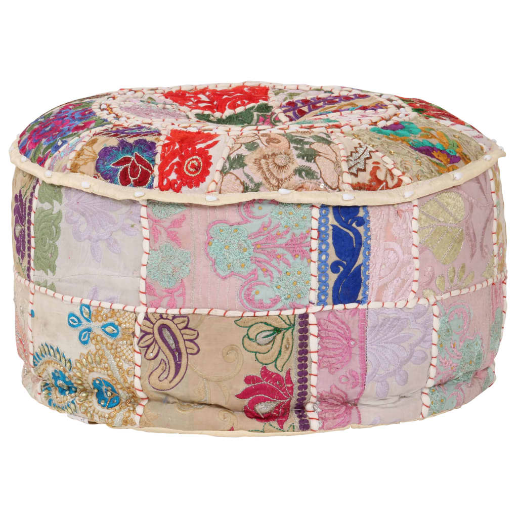 Sedací Puf Patchwork Kulatý Bavlna Ruční Výroba 40X20 Cm Béžový