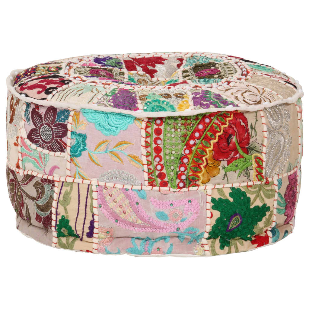Sedací Puf Patchwork Kulatý Bavlna Ruční Výroba 40X20 Cm Béžový