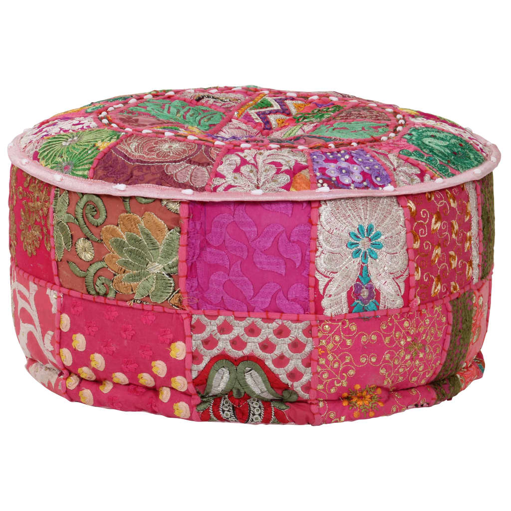 Sedací Puf Patchwork Kulatý Bavlna Ruční Výroba 40X20 Cm Béžový