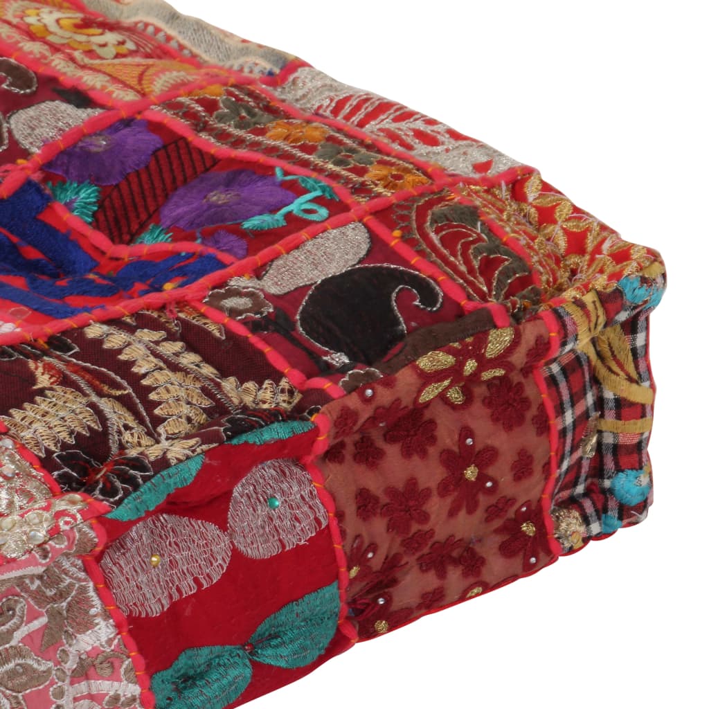 Sedací Puf Patchwork Čtverec Ručně Vyrobený 50X50X12 Cm Červený