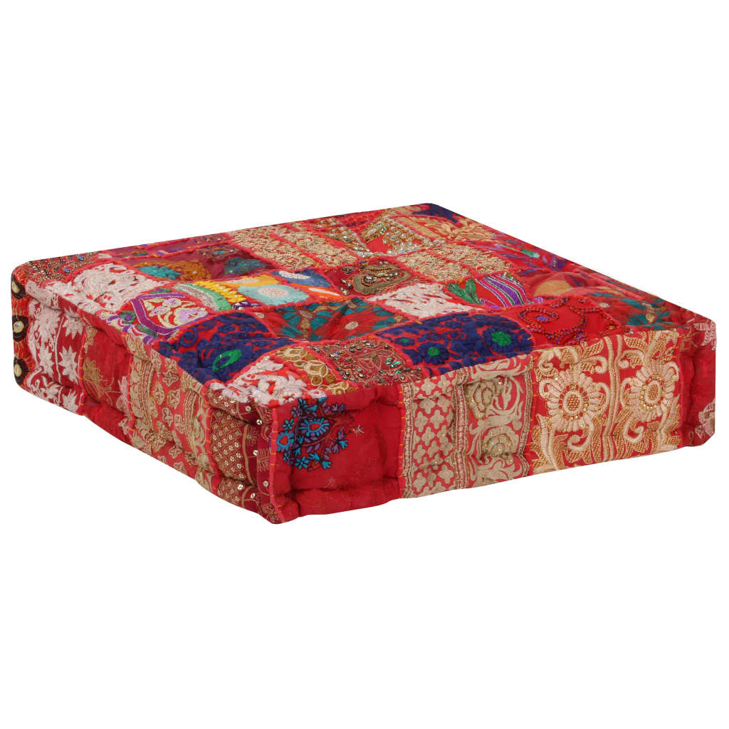 Sedací Puf Patchwork Čtverec Ručně Vyrobený 50X50X12 Cm Červený