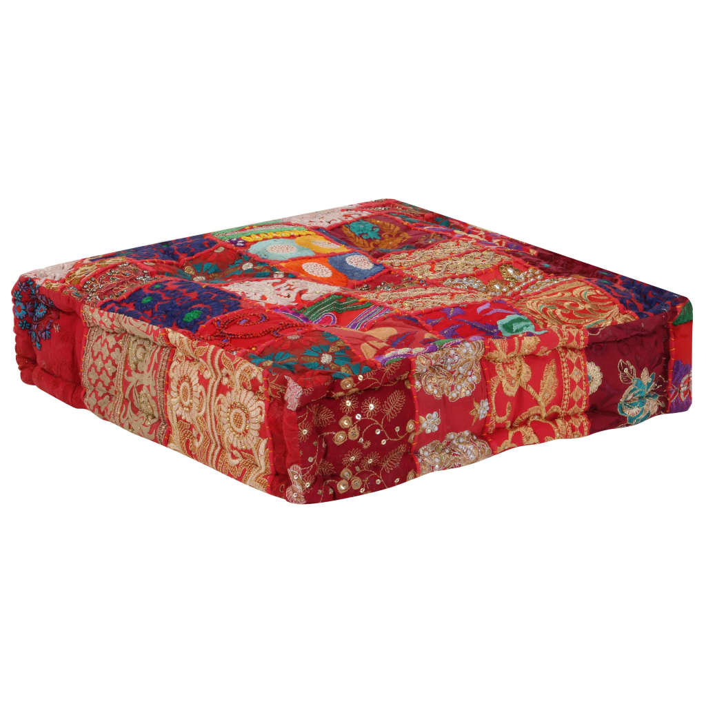 Sedací Puf Patchwork Čtverec Ručně Vyrobený 50X50X12 Cm Červený