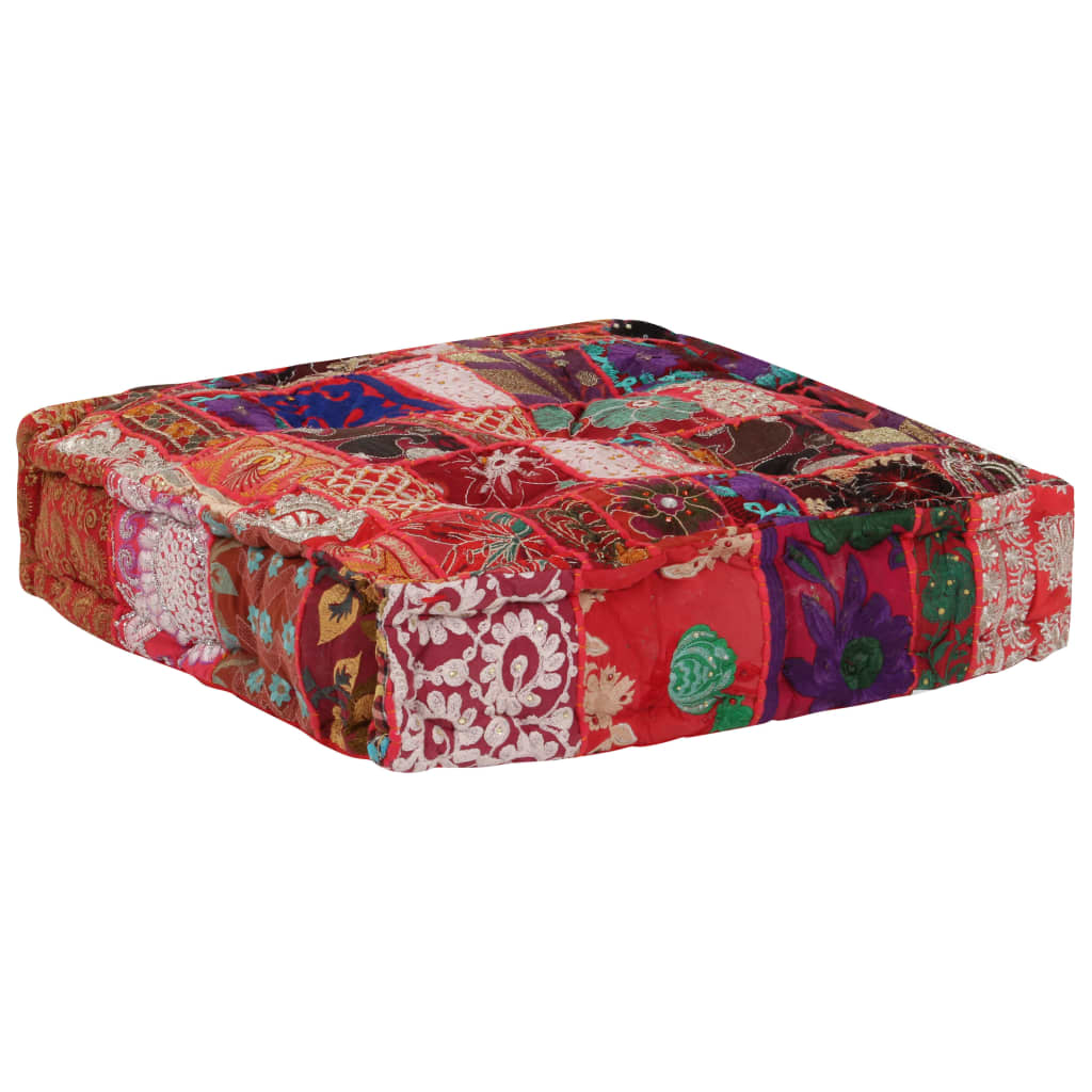 Sedací Puf Patchwork Čtverec Ručně Vyrobený 50X50X12 Cm Červený