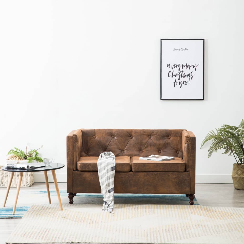 Dvousedačka Chesterfield Textilní Hnědá Se Semišovým Vzhledem