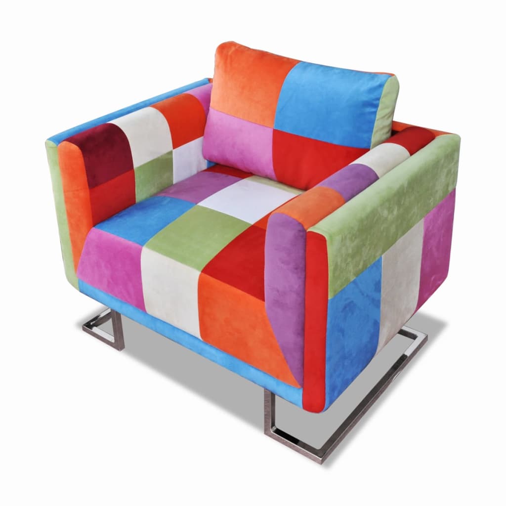 Krychlové Křeslo, Chromované Nohy, Patchwork, Textilní