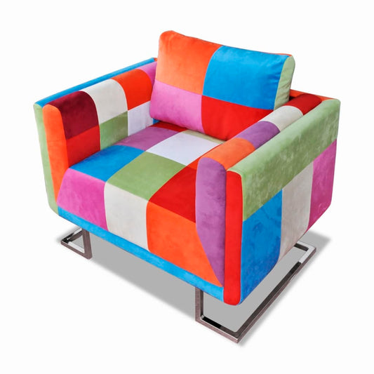 Krychlové Křeslo, Chromované Nohy, Patchwork, Textilní