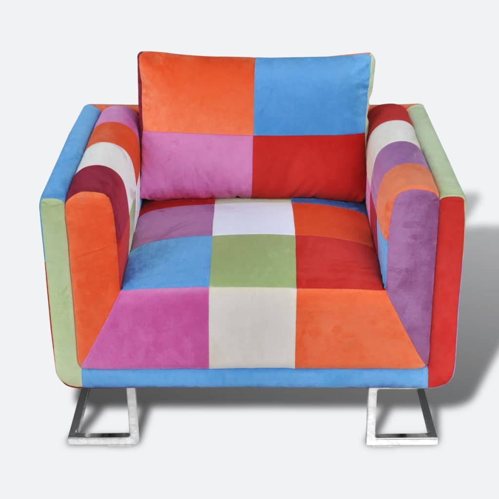 Krychlové Křeslo, Chromované Nohy, Patchwork, Textilní