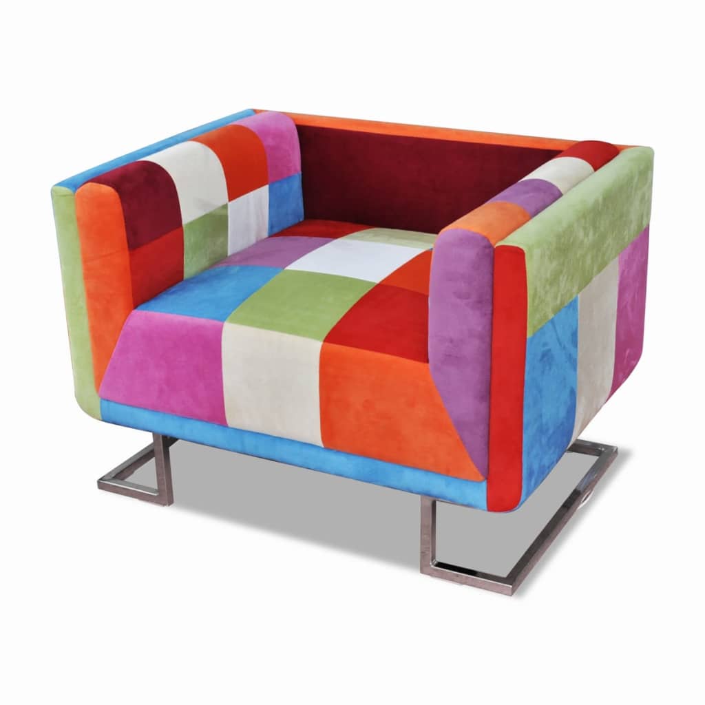 Krychlové Křeslo, Chromované Nohy, Patchwork, Textilní