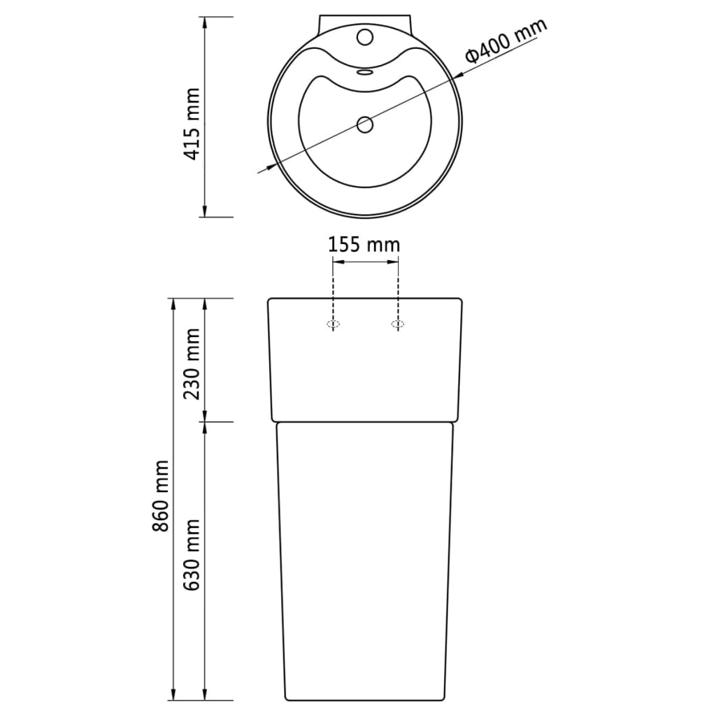 Stojací Umyvadlo Keramické Kulaté Bílé, Otvor Na Baterií, Přepad