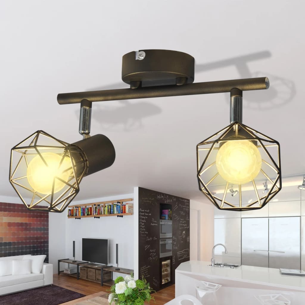 Černé Industriální Drátěné Stínidlo Se 2 Bodovými Led Žárovkami