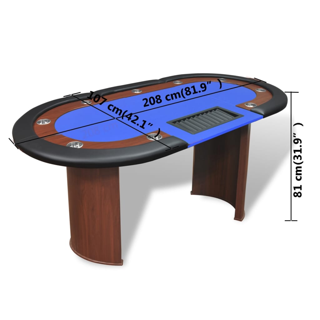 Pokerový Stůl Pro 10 Hráčů, Zóna Pro Dealera + Držák Na Žetony, Modrý