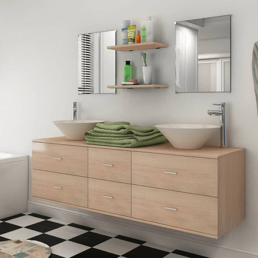 9Dílný Set Koupelnového Nábytku S Umyvadlem A Baterií Béžový