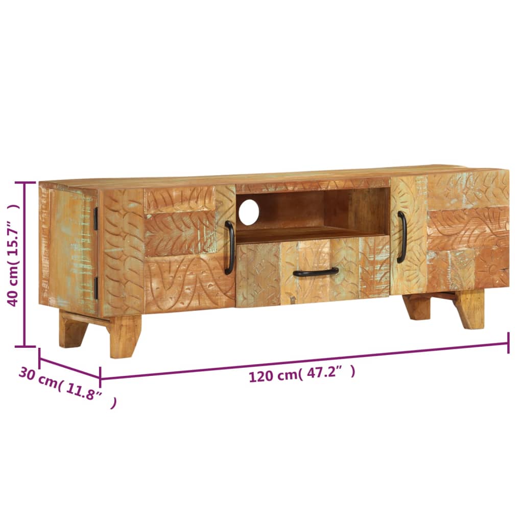 Ručně Vyřezávaná Tv Skříň 120X30X40Cm Masivní Recyklované Dřevo