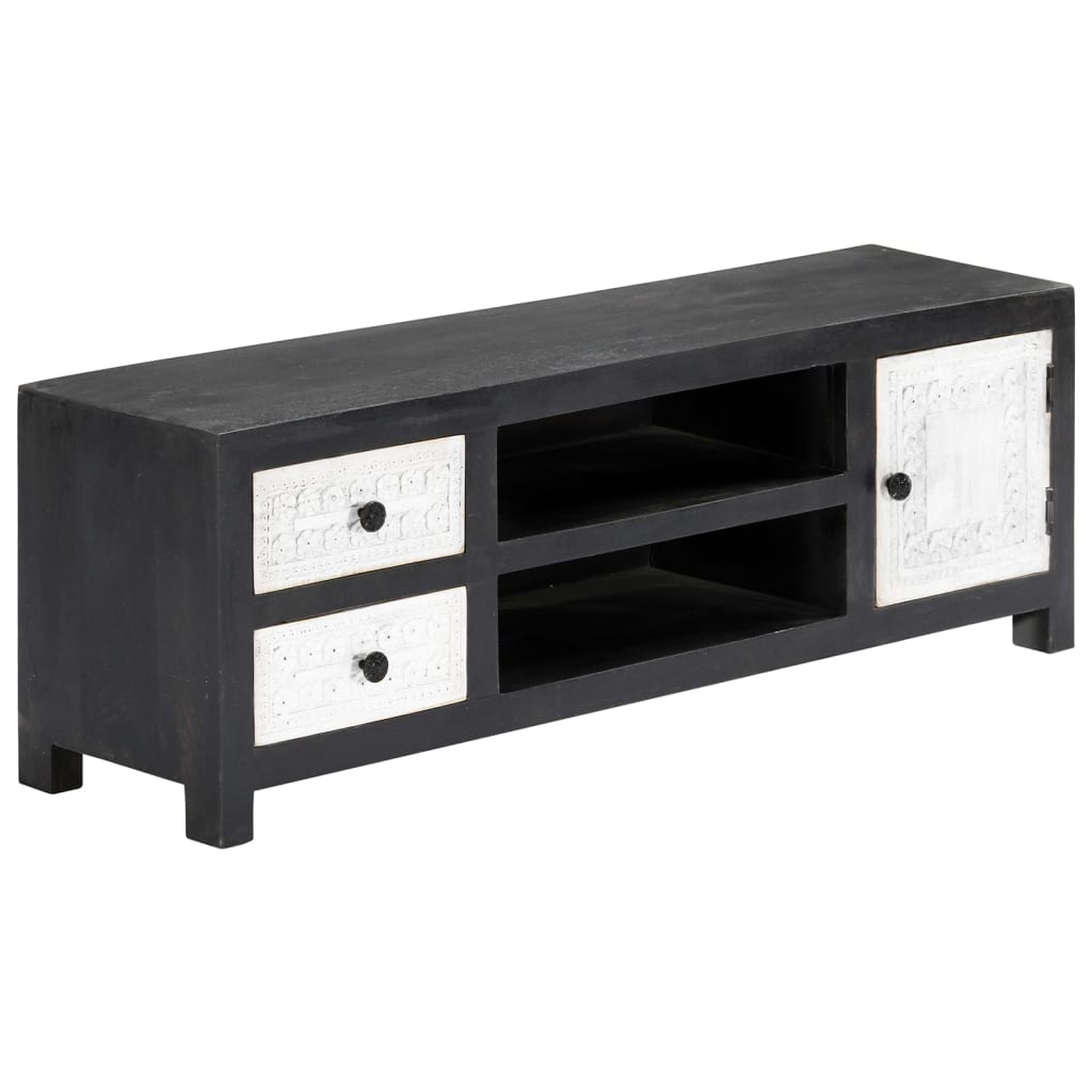 Ručně Vyřezávaný Tv Stolek Šedo-Bílý 120X30X40 Cm Masivní Mango