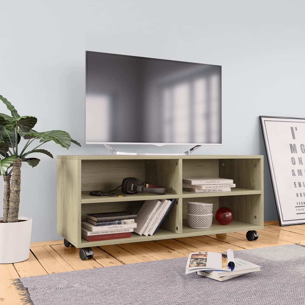 Tv Stolek S Kolečky Bílý 90 X 35 X 35 Cm Kompozitní Dřevo