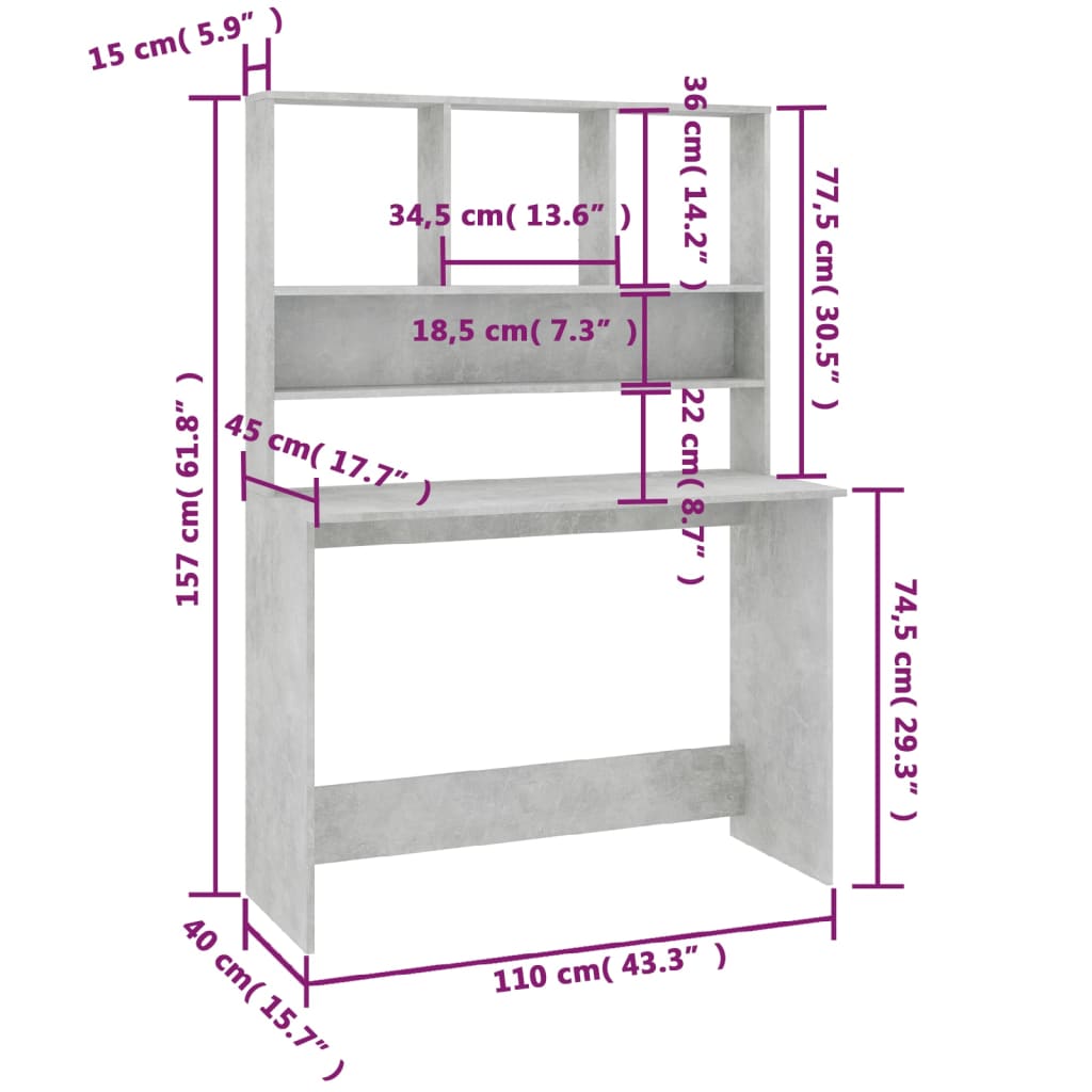 Psací Stůl S Policemi Betonově Šedý 110X45X157 Cm Dřevotříska
