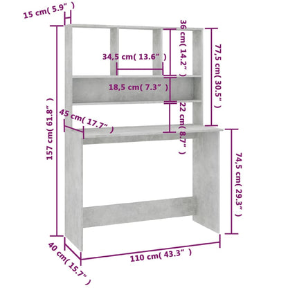 Psací Stůl S Policemi Betonově Šedý 110X45X157 Cm Dřevotříska