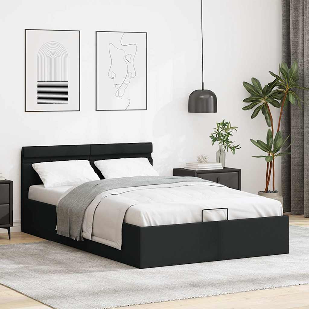 Rám Postele Led S Úložným Prostorem Černý Umělá Kůže 140X200 Cm