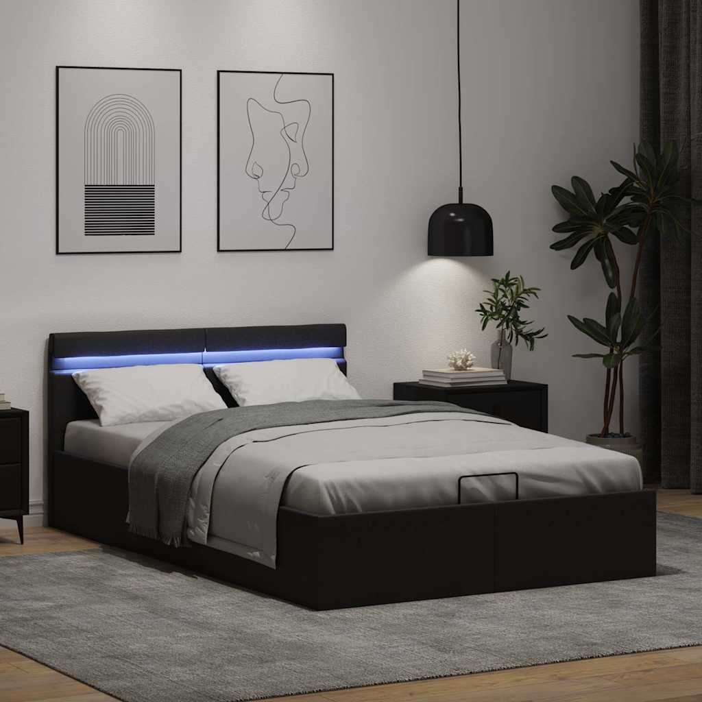Rám Postele Led S Úložným Prostorem Černý Umělá Kůže 140X200 Cm