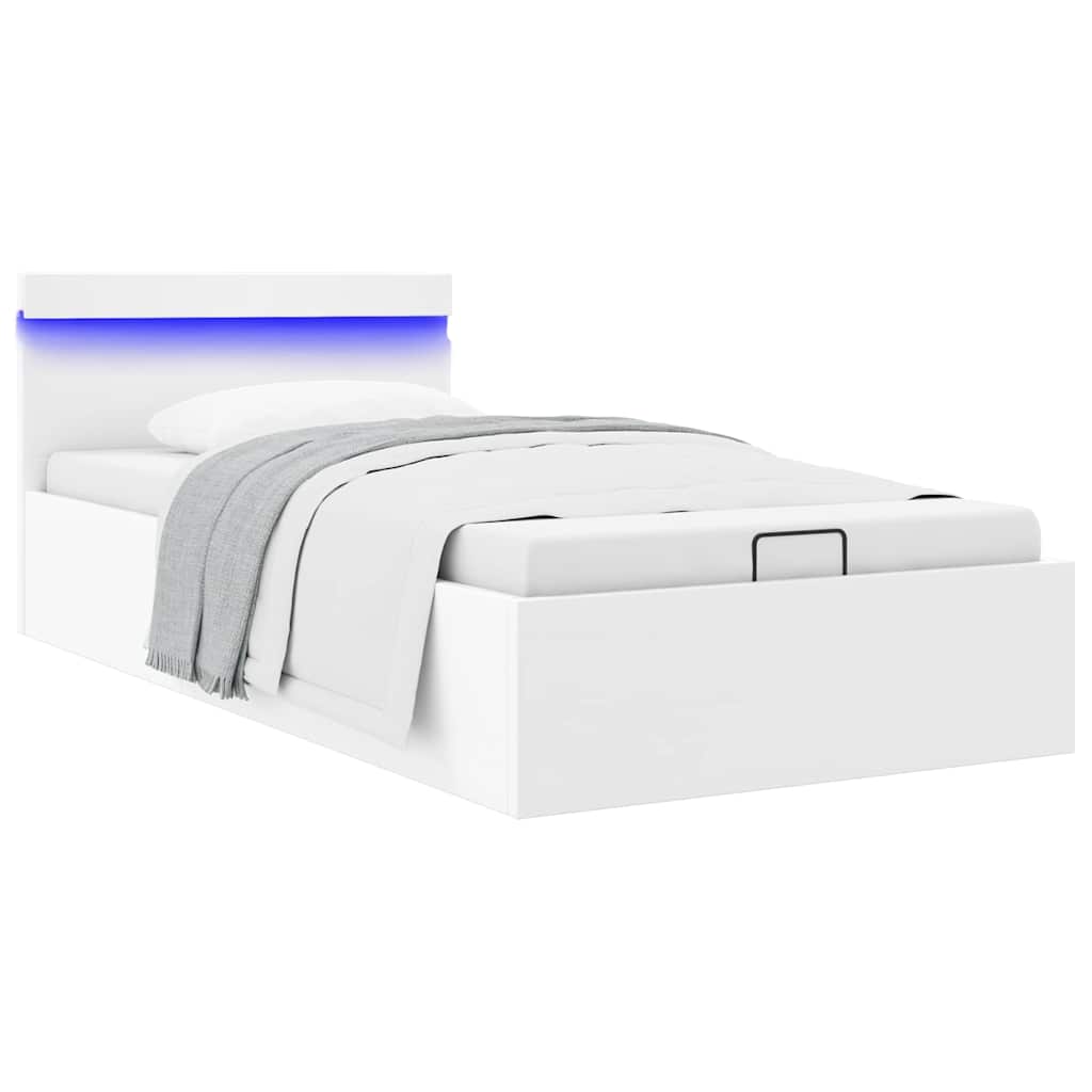 Rám Postele Led S Úložným Prostorem Bílý Umělá Kůže 90 X 200 Cm