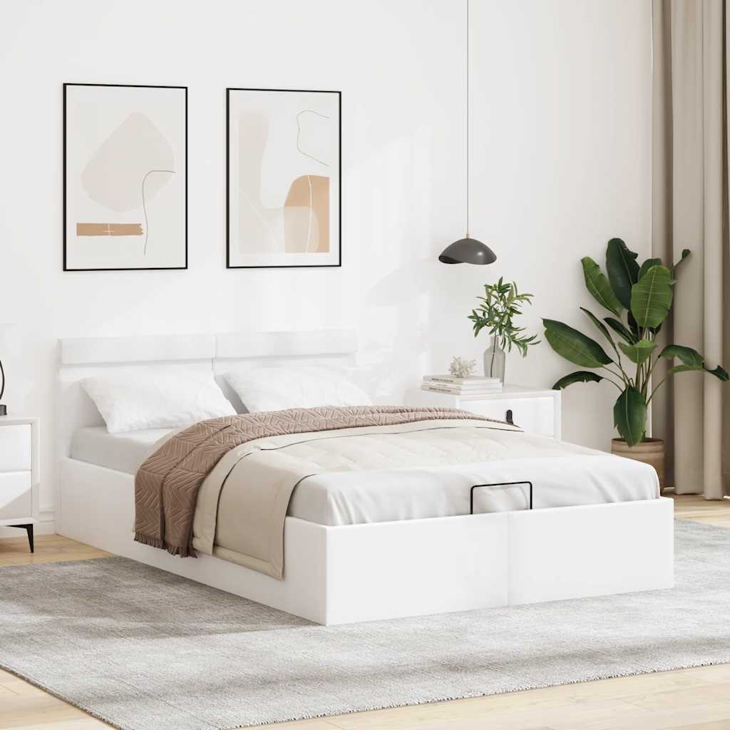 Rám Postele Led S Úložným Prostorem Bílý Umělá Kůže 140X200 Cm