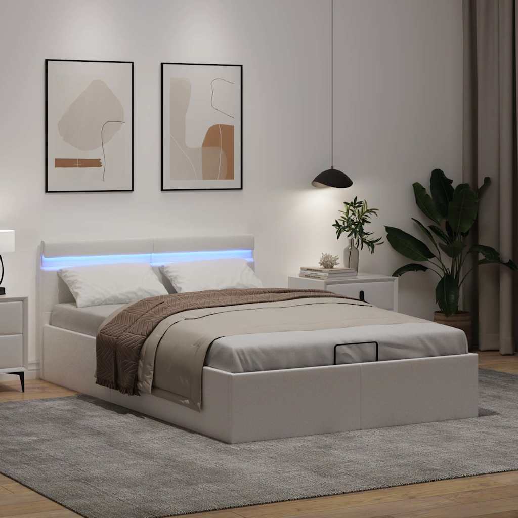 Rám Postele Led S Úložným Prostorem Bílý Umělá Kůže 140X200 Cm
