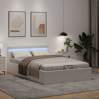 Rám Postele Led S Úložným Prostorem Bílý Umělá Kůže 140X200 Cm