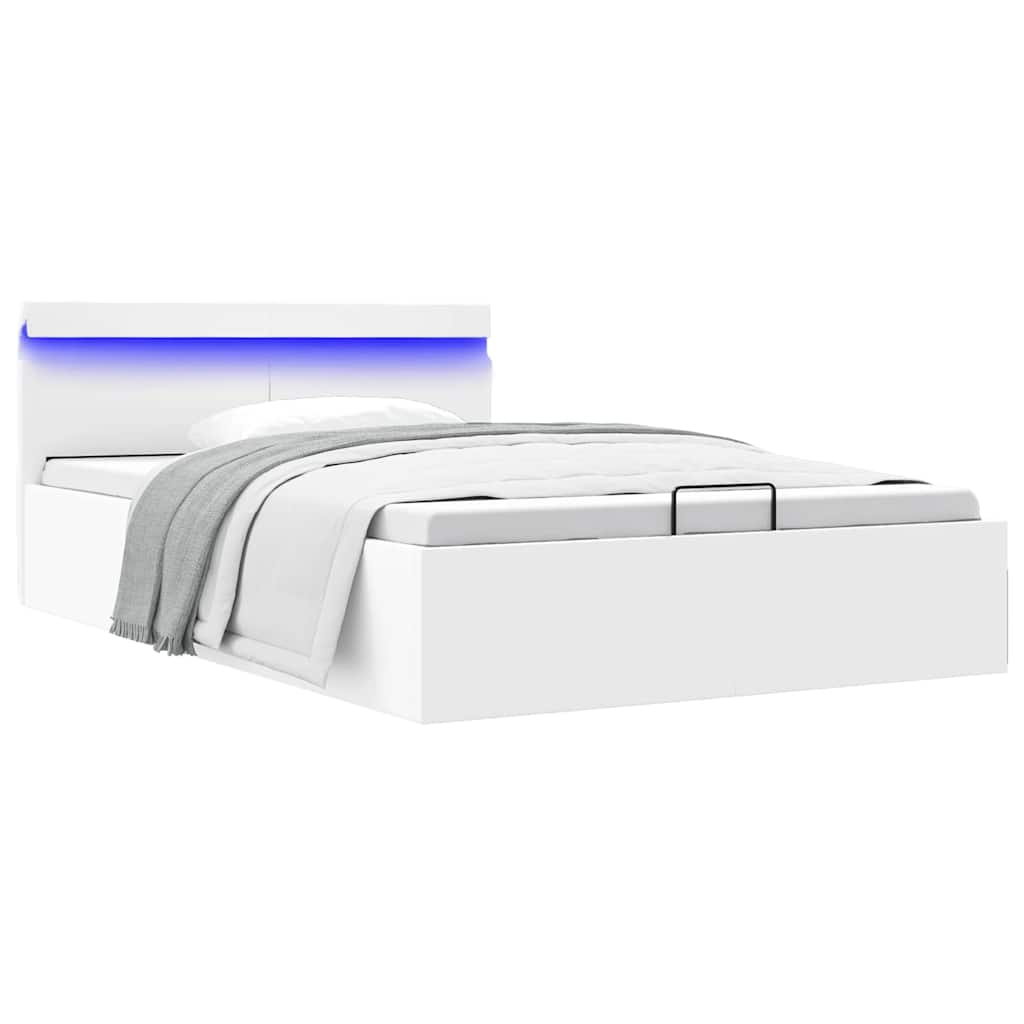 Rám Postele Led S Úložným Prostorem Bílý Umělá Kůže 140X200 Cm