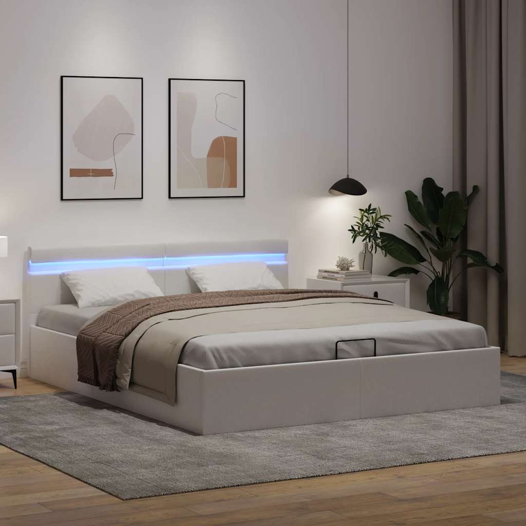 Rám Postele Led S Úložným Prostorem Bílý Umělá Kůže 160X200 Cm