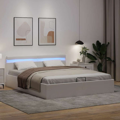 Rám Postele Led S Úložným Prostorem Bílý Umělá Kůže 160X200 Cm