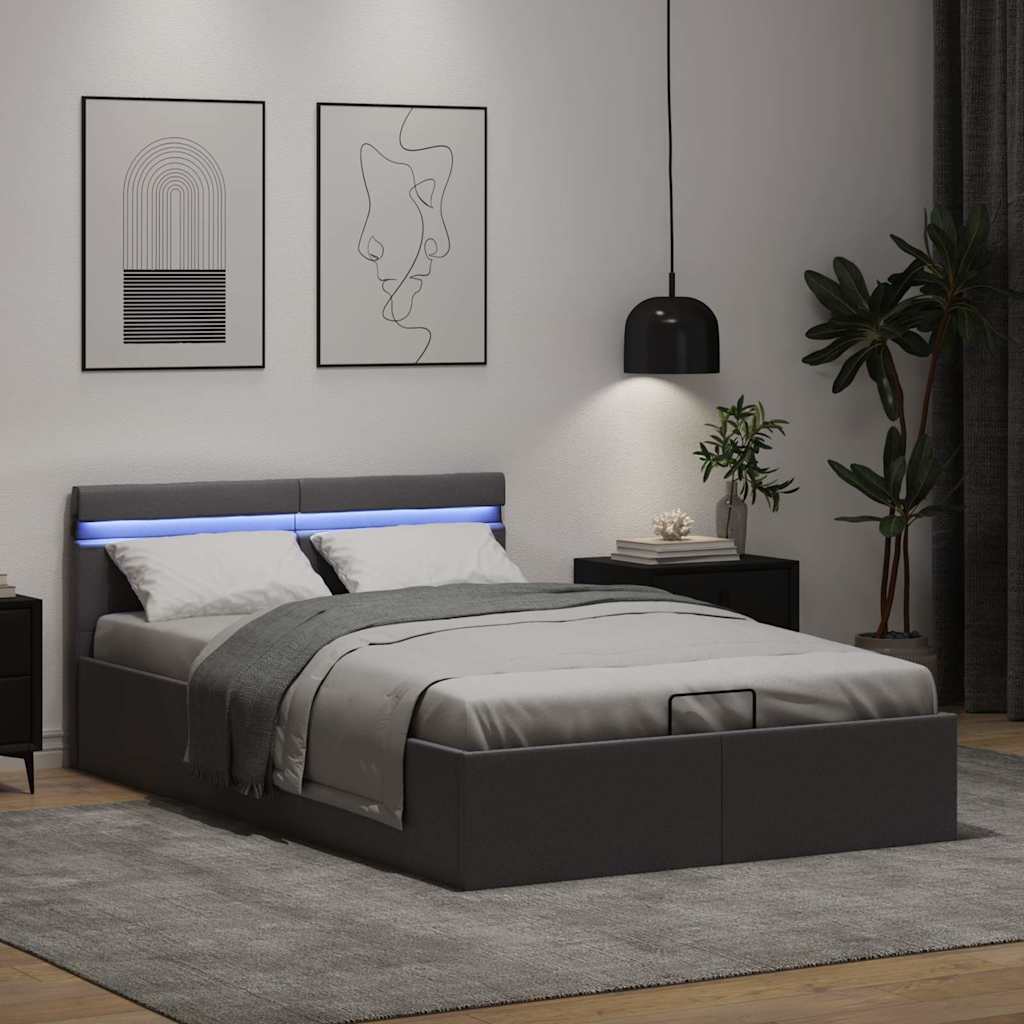 Rám Postele Led S Úložným Prostorem Šedý Umělá Kůže 140X200 Cm