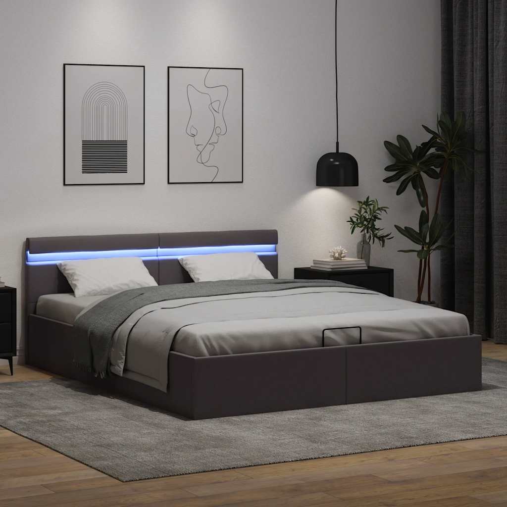 Rám Postele Led S Úložným Prostorem Šedý Umělá Kůže 160X200 Cm