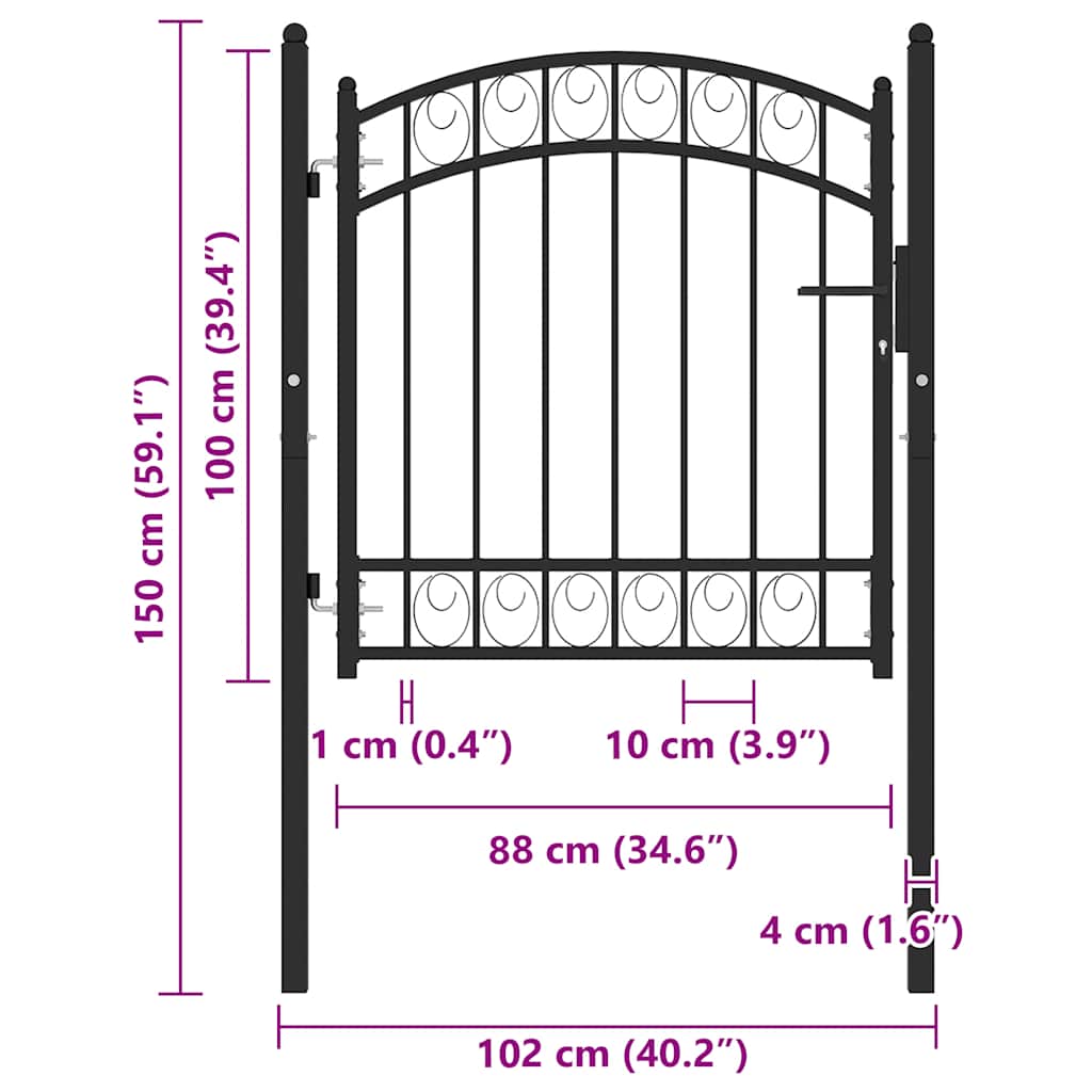 Plotová Brána Emmen S Klenutým Vrškem Ocelová 100 X 86 Cm Černá