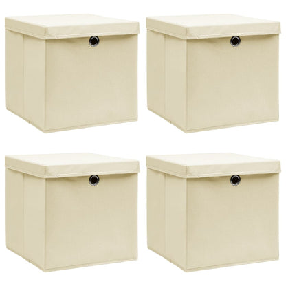 Úložné Boxy S Víky 4 Ks Krémové 32 X 32 X 32 Cm Textil