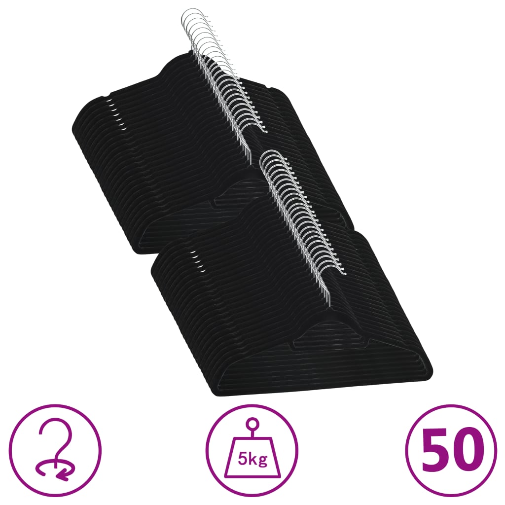 50 Ks Šatních Ramínek Protiskluzové Černé Samet