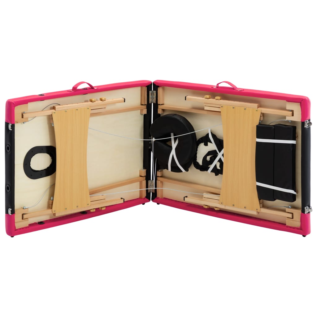 Skládací Masážní Stůl 2 Zóny Dřevěný Černý A Růžový