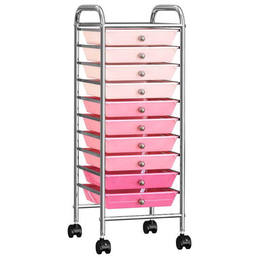Mobilní úložný vozík s 10 zásuvkami ombré růžový plastový