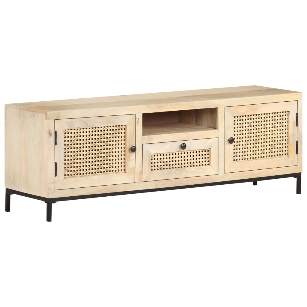 Tv Stolek 120 X 30 X 40 Cm Masivní Mangovník A Přírodní Rákos Bílo-Modrá
