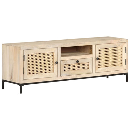 Tv Stolek 120 X 30 X 40 Cm Masivní Mangovník A Přírodní Rákos Bílo-Modrá