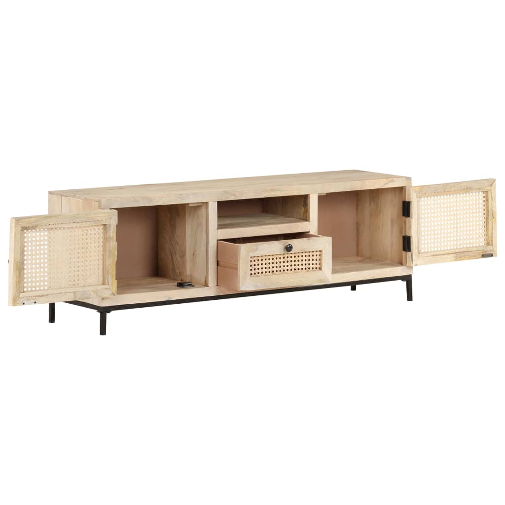 Tv Stolek 120 X 30 X 40 Cm Masivní Mangovník A Přírodní Rákos Bílo-Modrá