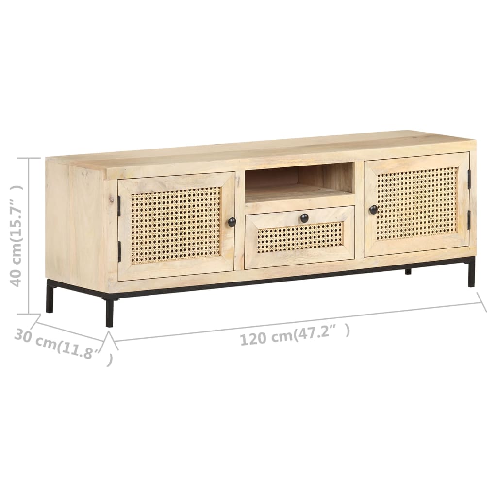 Tv Stolek 120 X 30 X 40 Cm Masivní Mangovník A Přírodní Rákos Bílo-Modrá